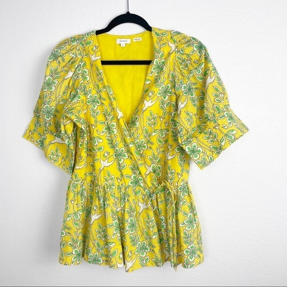Rhode Ava Floral V Neck Short Sleeve Wrap Top Yellow Cotton Printed Casual - Picture 2 of 8